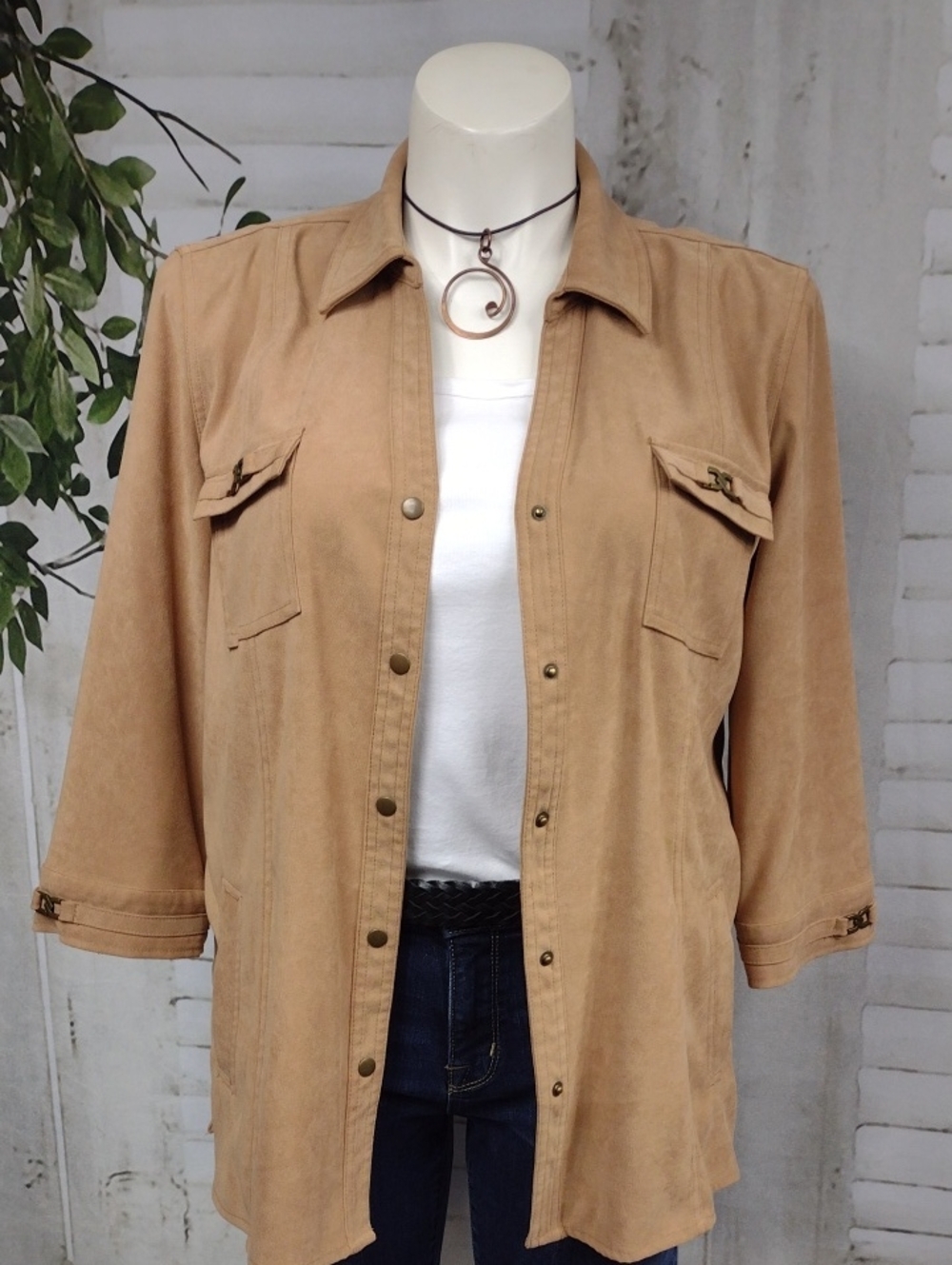 JM Collection Tan Suede-like Button Down Jacket Size L